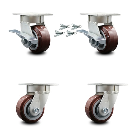 Service Caster 4 Inch Kingpinless Poly on Polyolefin Wheel Caster Swivel Locks 2 Brakes, 4PK SCC-KP30S420-PPUR-SLB-BSL-2-BSL-2